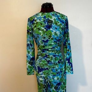 Women's Midi Long Sleeve Floral Print Multicolored Dress Blue/Green SIZE L NWT